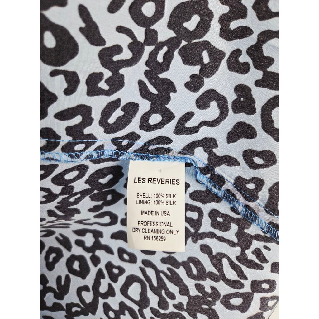Les Reveries Silk Wrap Dress 2 Blue Leopard 100% Silk Mini Made in USA