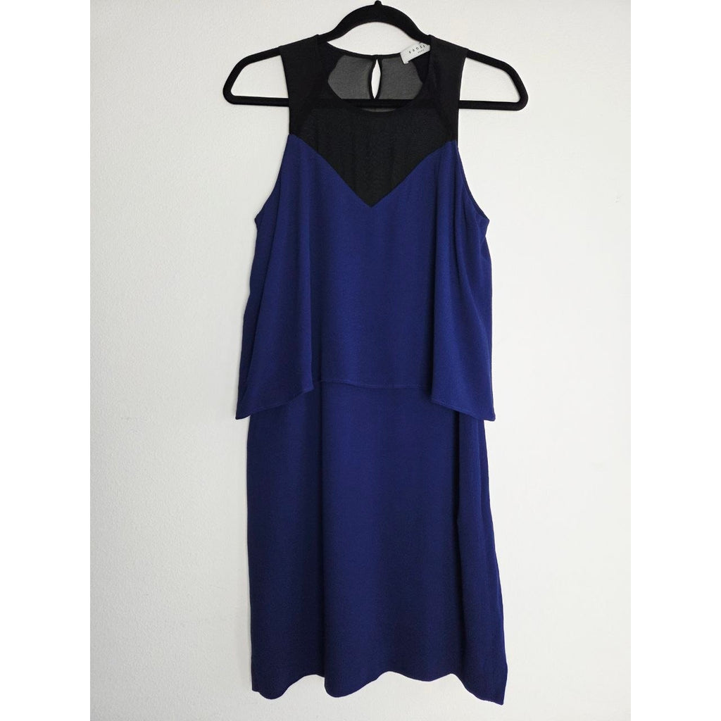 Sandro Paris Romy Dress 6 Medium Cobalt Blue Crepe Sheer Overlay Shift Layered