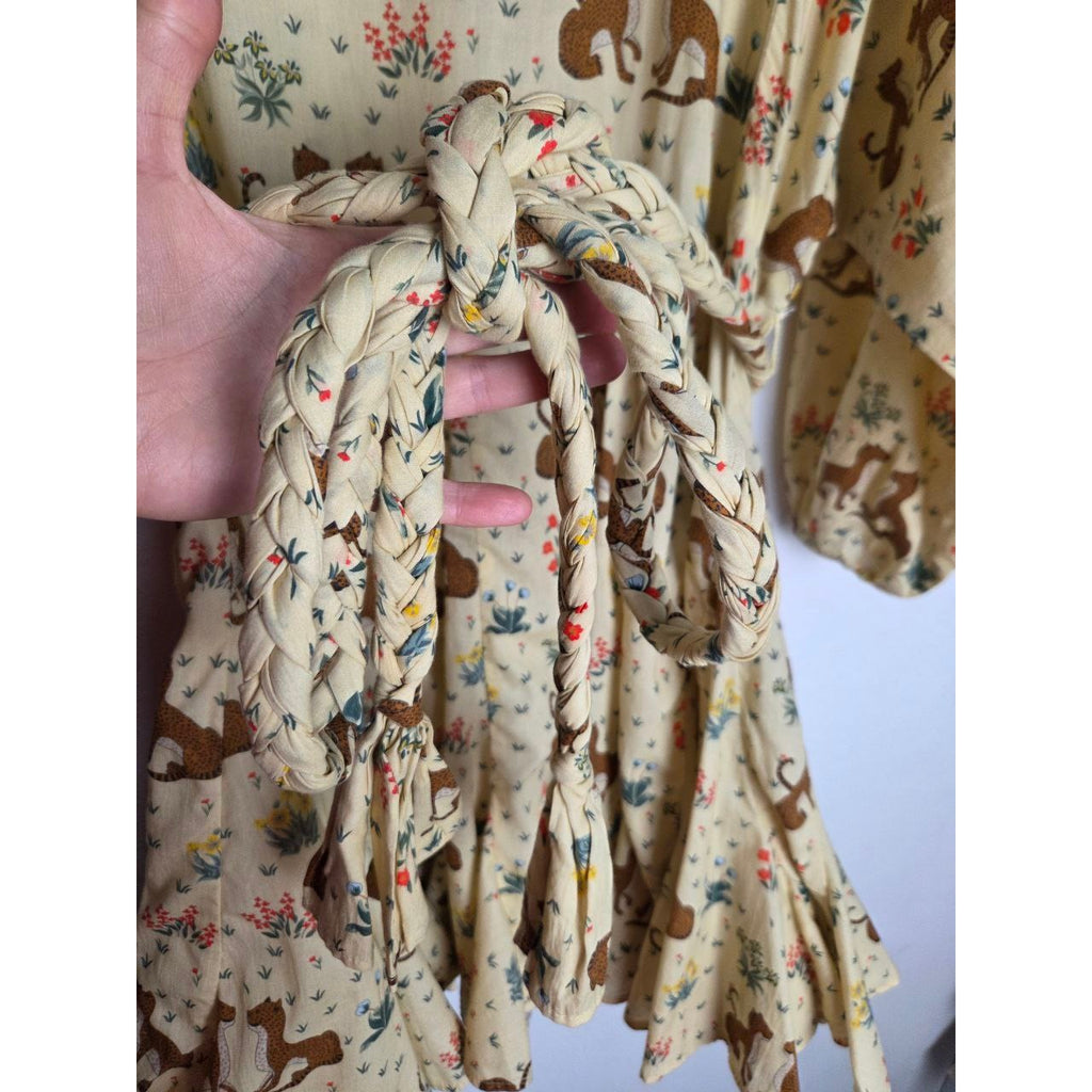 RHODE Safari Mini Dress XS Ella Buttercream Cheetah Floral Tie Waist Ruffle Hem