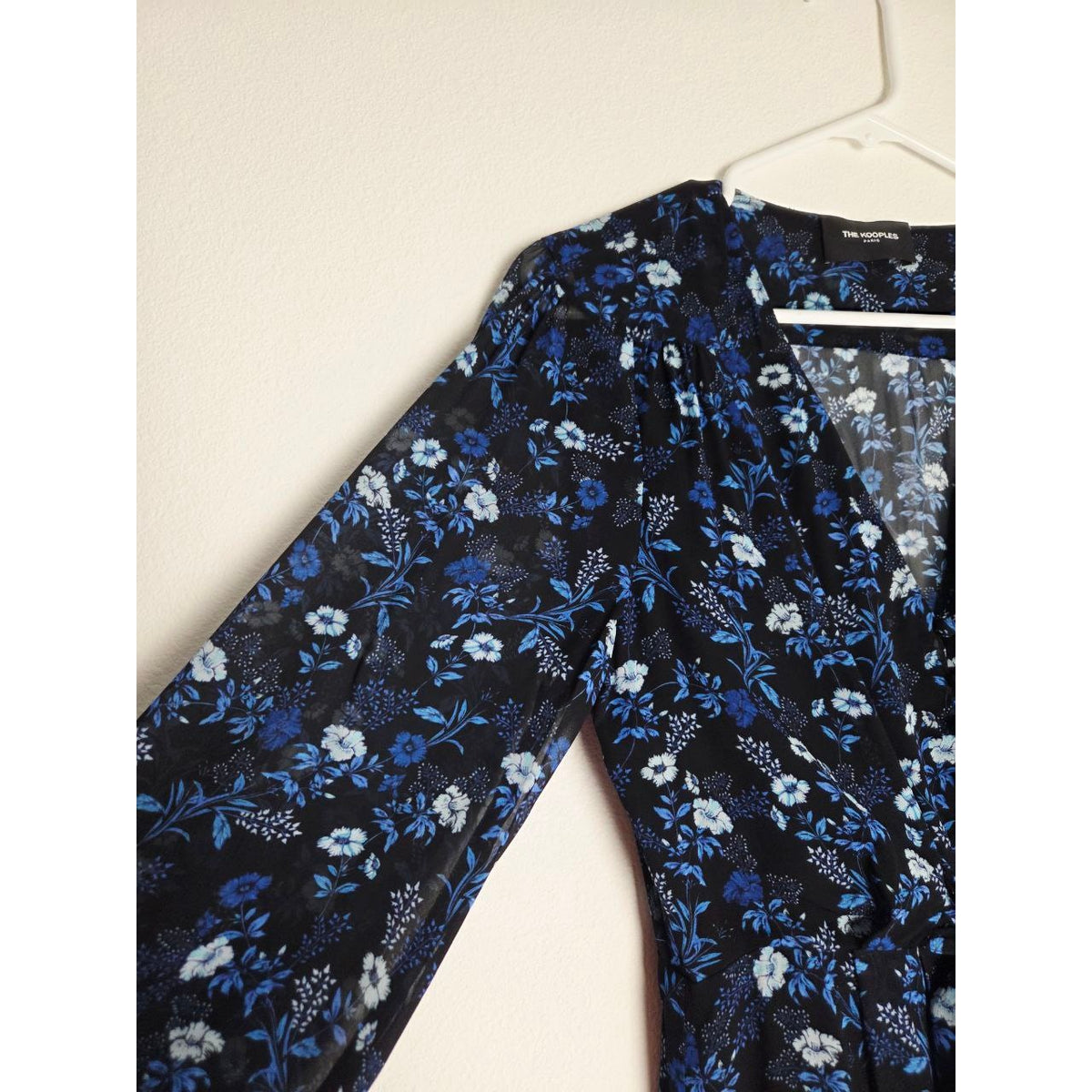 Kooples Floral Mini Dress Small 4 Blue Poppy Silk Look V Neck Wide Tie Waist