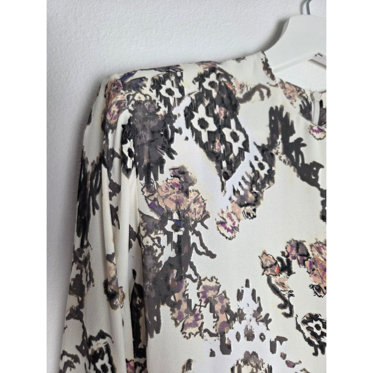 IRO Paris Satyan Dress 0 XXS FR 32 Ivory Shoulder Pads Asymmetric Abstract Floral