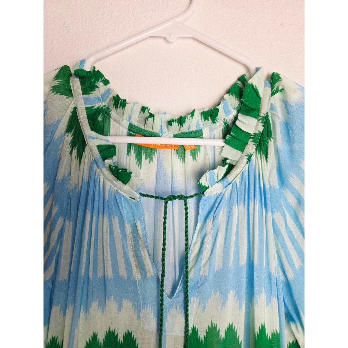 Oliphant Silk Mini Dress XS Blue Green Ikat Tiered Mini Tassels Long Sleeves