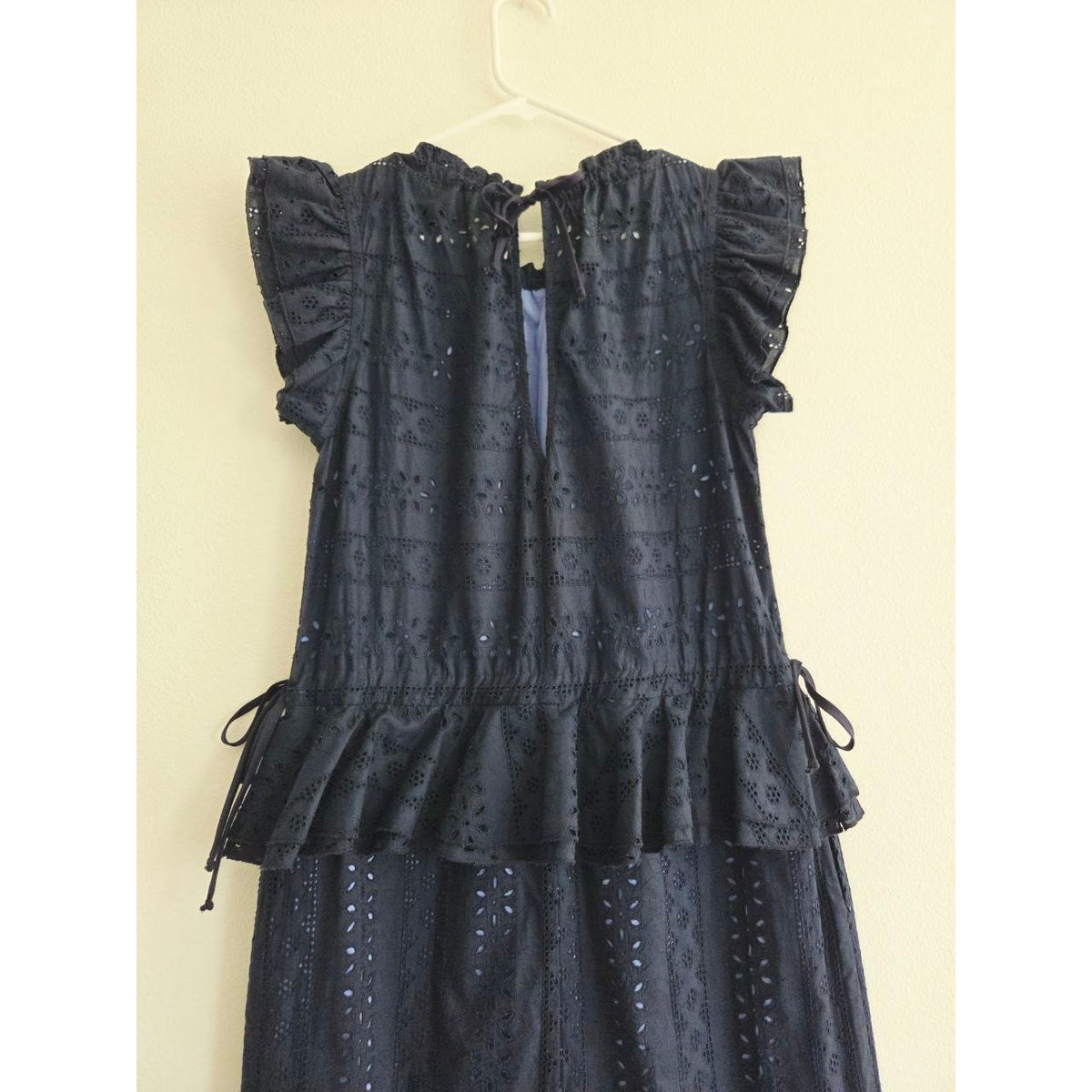 Katharine Kidd Flora Navy Eyelet Midi Dress XS Peplum Side Slit Pockets Made USA