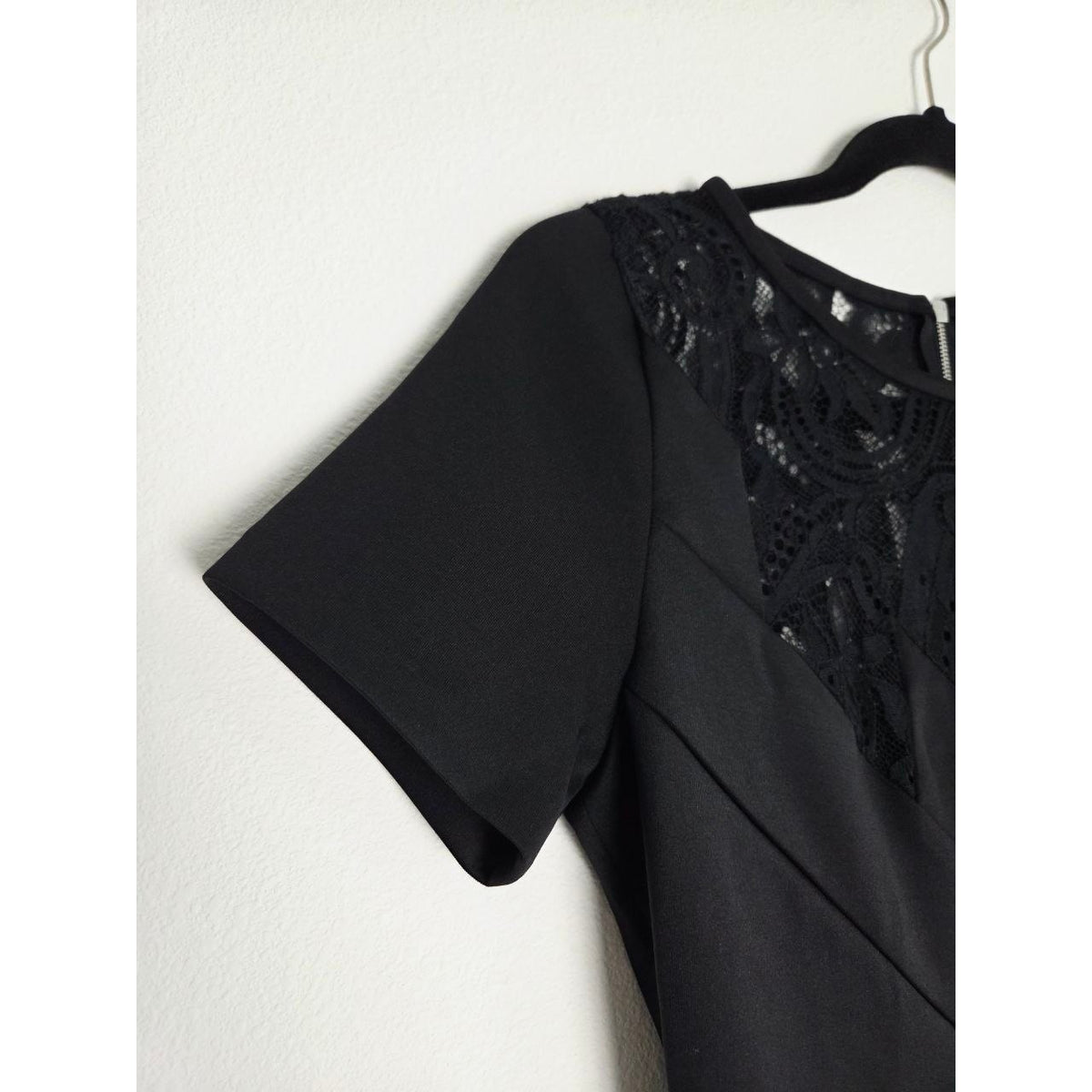 Sandro Black Mini Dress 4 Small Sheath Pencil Short Sleeves Lace Yoke LBD