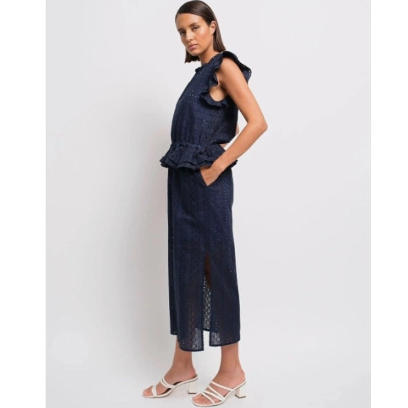Katharine Kidd Flora Navy Eyelet Midi Dress XS Peplum Side Slit Pockets Made USA