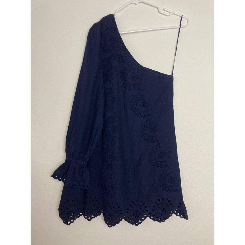 Hill House Linen One Shoulder Dress Small Navy Blue Mila Scalloped Mini