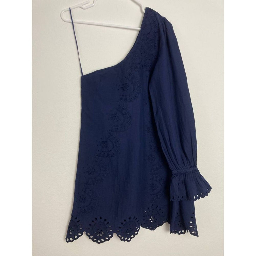 Hill House Linen One Shoulder Dress Small Navy Blue Mila Scalloped Mini