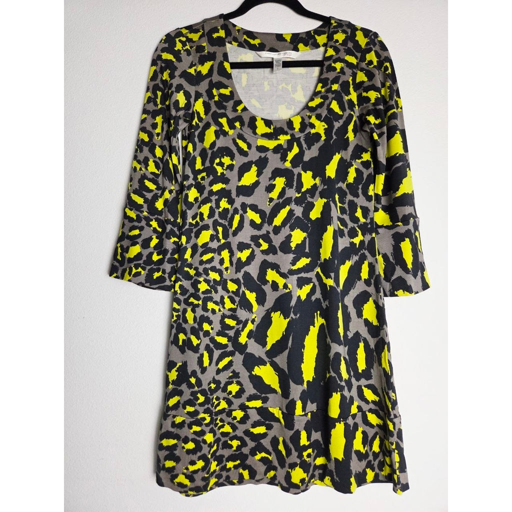 Diane von Furstenberg 100% Silk Dress 2 Yellow Leopard Laetitia 3/4 Sleeve