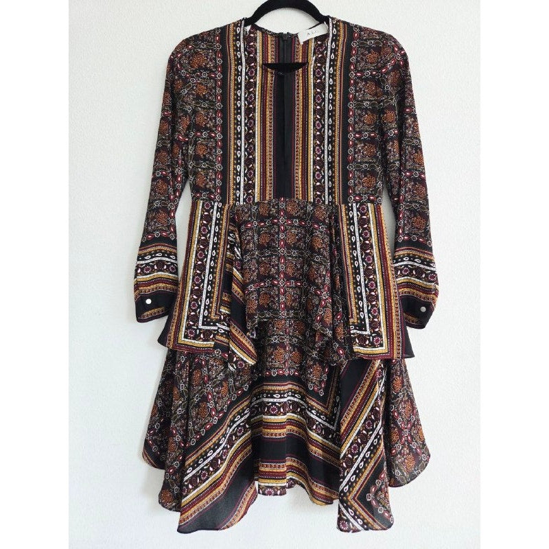 A.L.C. Silk Dress 0 XS Vicky Mini Long Sleeves Scarf Print Asymmetrical Hem Boho