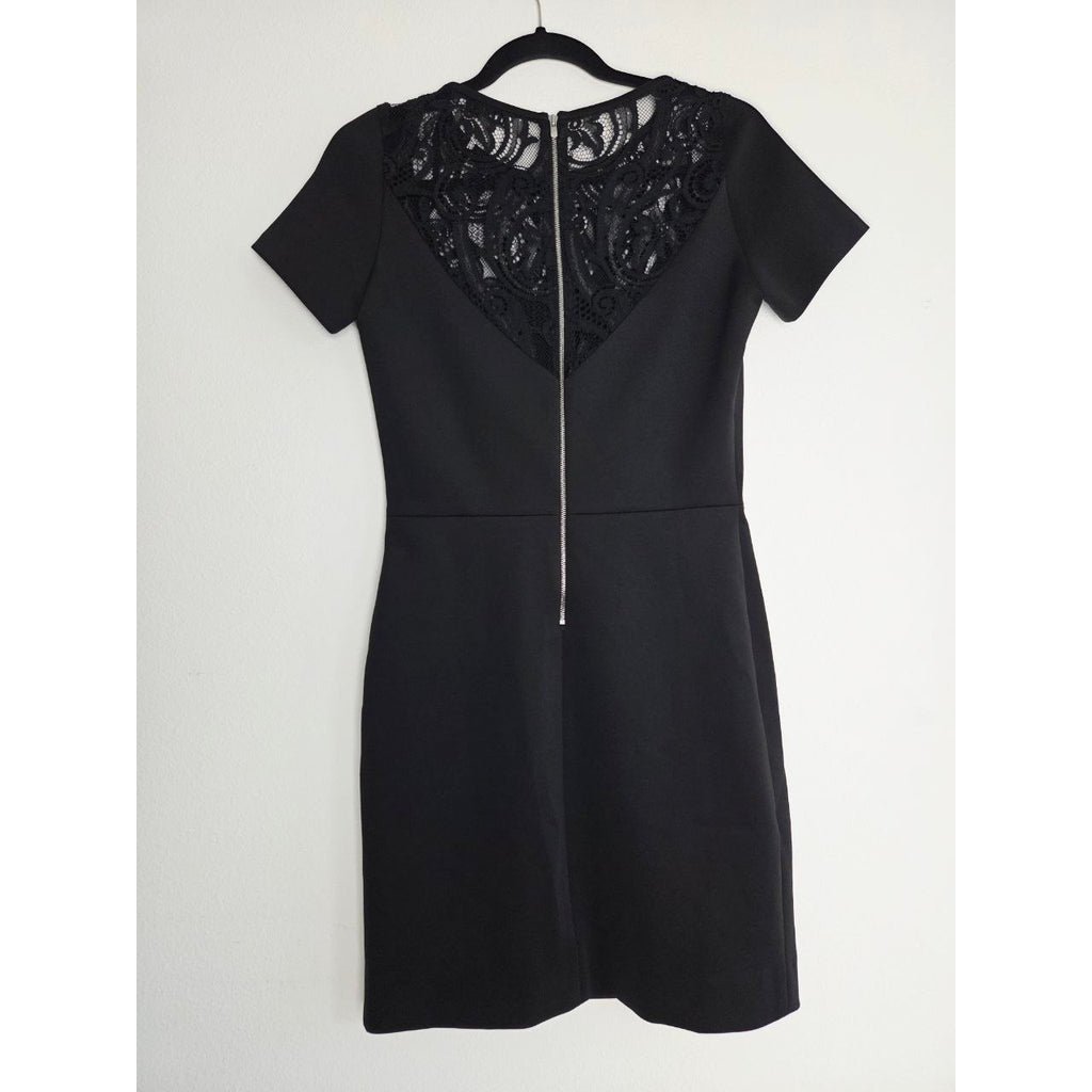 Sandro Black Mini Dress 4 Small Sheath Pencil Short Sleeves Lace Yoke LBD