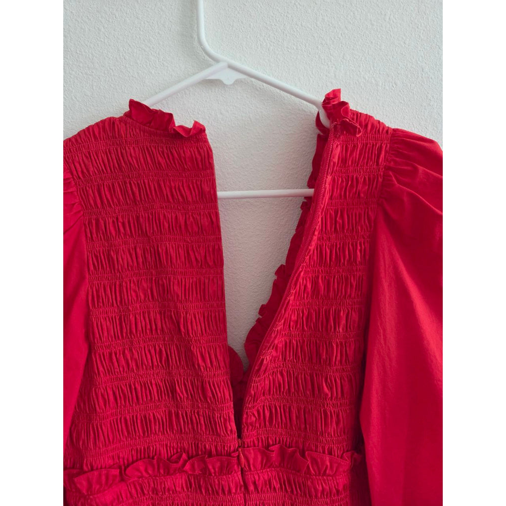 Sea New York Red Mini Dress 4 Small Smocked Puff Sleeve Ruffle Tiered Cotton