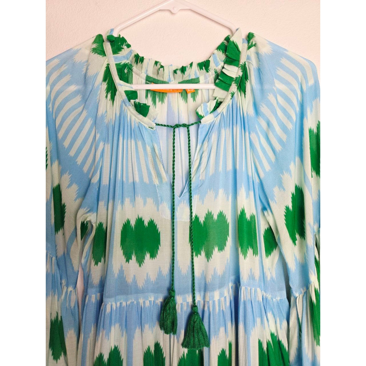 Oliphant Silk Mini Dress XS Blue Green Ikat Tiered Mini Tassels Long Sleeves