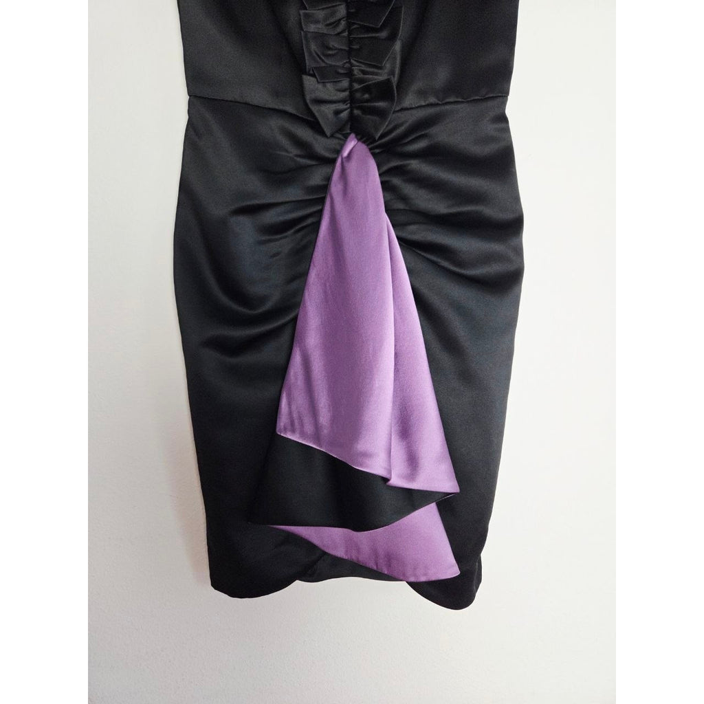 Milly Satin Cocktail Dress 2 XS Black Purple Ruffle Draped Sheath