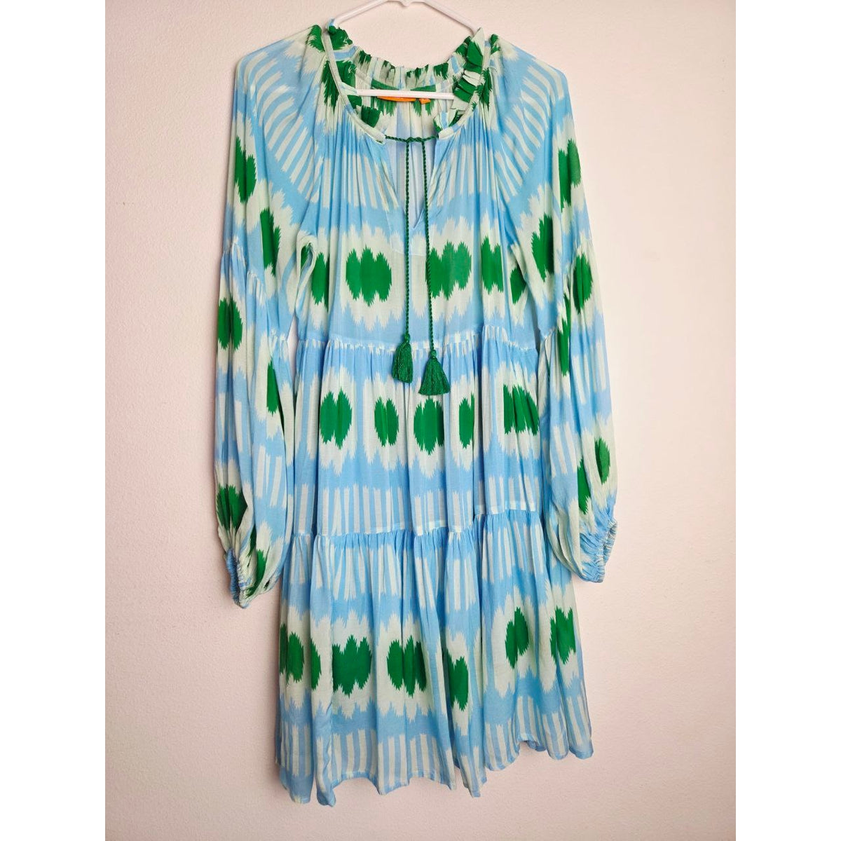 Oliphant Silk Mini Dress XS Blue Green Ikat Tiered Mini Tassels Long Sleeves