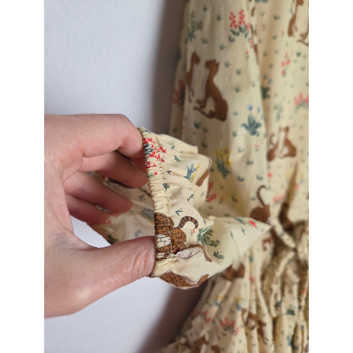 RHODE Safari Mini Dress XS Ella Buttercream Cheetah Floral Tie Waist Ruffle Hem