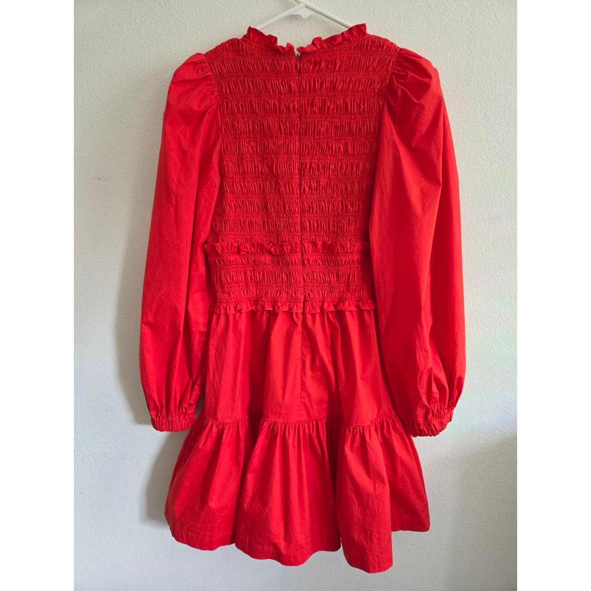 Sea New York Red Mini Dress 4 Small Smocked Puff Sleeve Ruffle Tiered Cotton