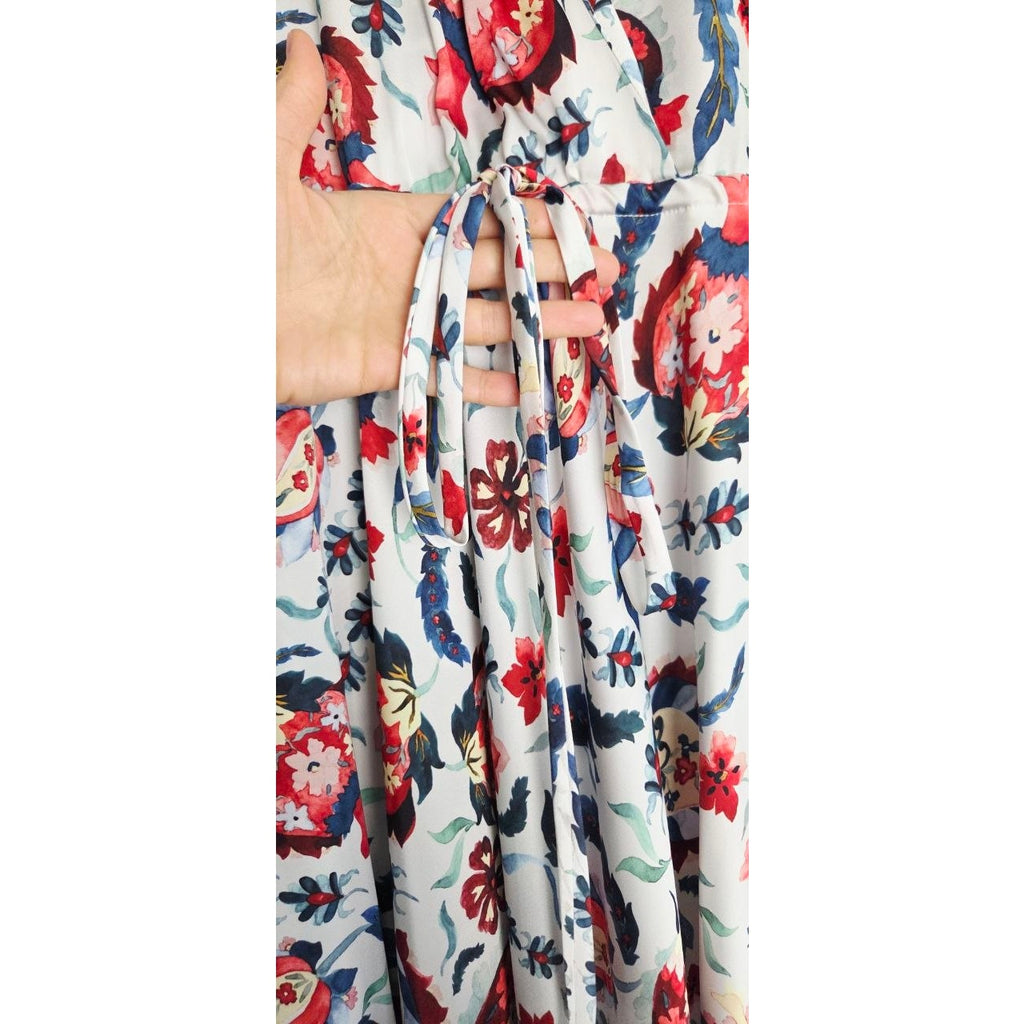 Sachin & Babi Multi Bloom Dress 2 Small Floral Pomegranate Print Faux Wrap Midi