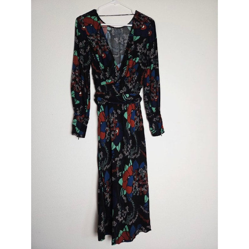 ba&sh Floral Midi Dress 4 XS Abelia Noir Open Back Long Sleeves Belted