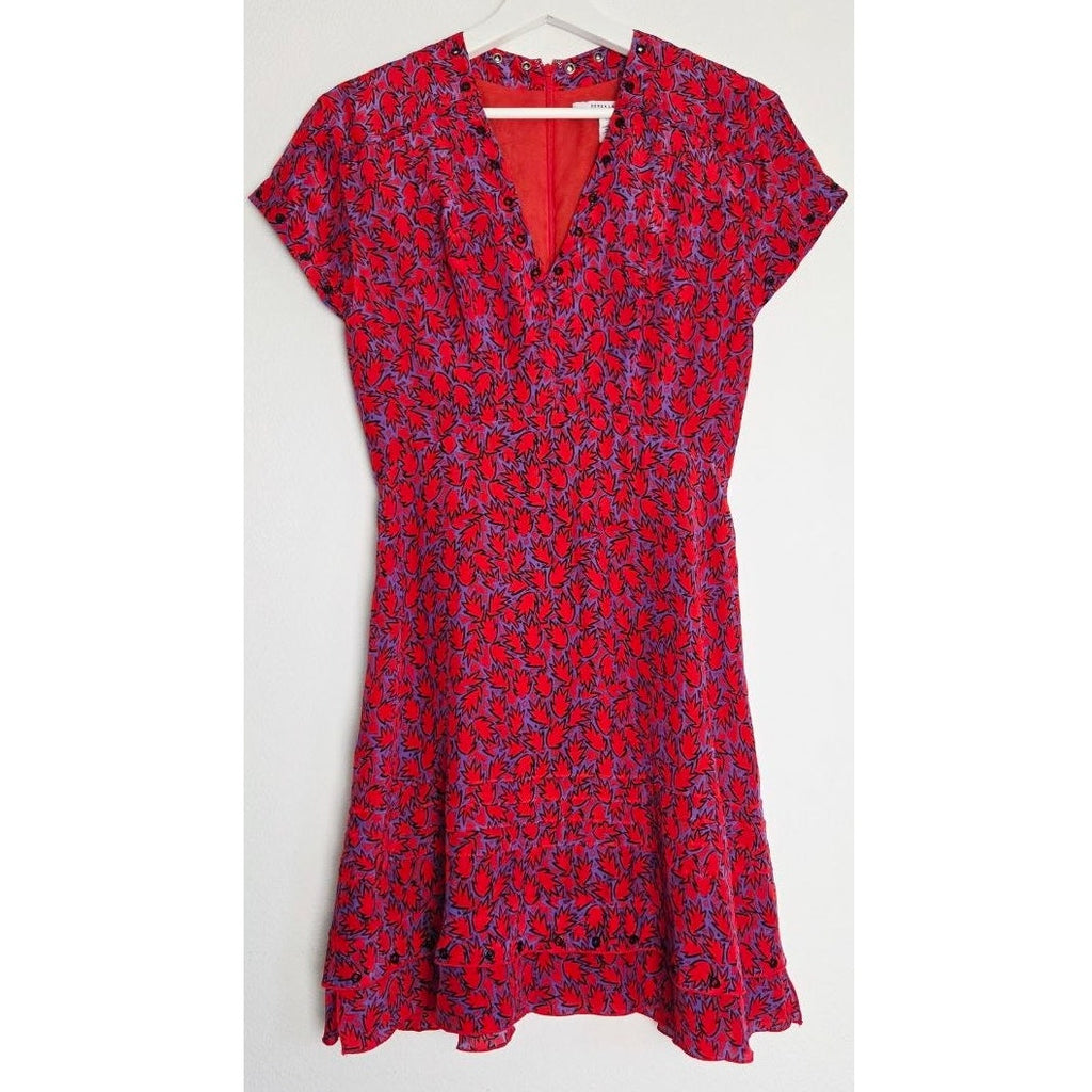 Derek Lam Silk Blend Mini Dress 2 Red Purple Grommet Trim Ruffle Hem Babydoll