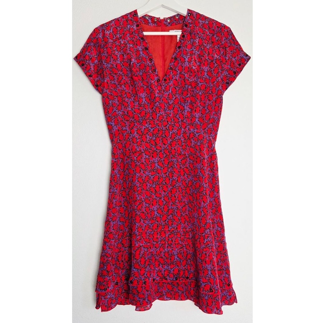 Derek Lam Silk Blend Mini Dress 2 Red Purple Grommet Trim Ruffle Hem Babydoll