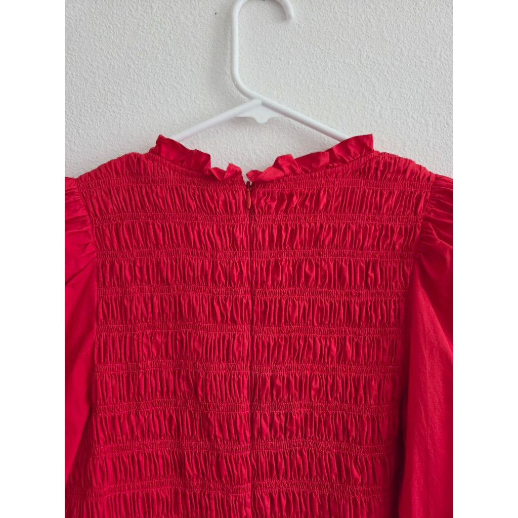 Sea New York Red Mini Dress 4 Small Smocked Puff Sleeve Ruffle Tiered Cotton