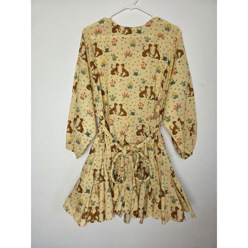 RHODE Safari Mini Dress XS Ella Buttercream Cheetah Floral Tie Waist Ruffle Hem