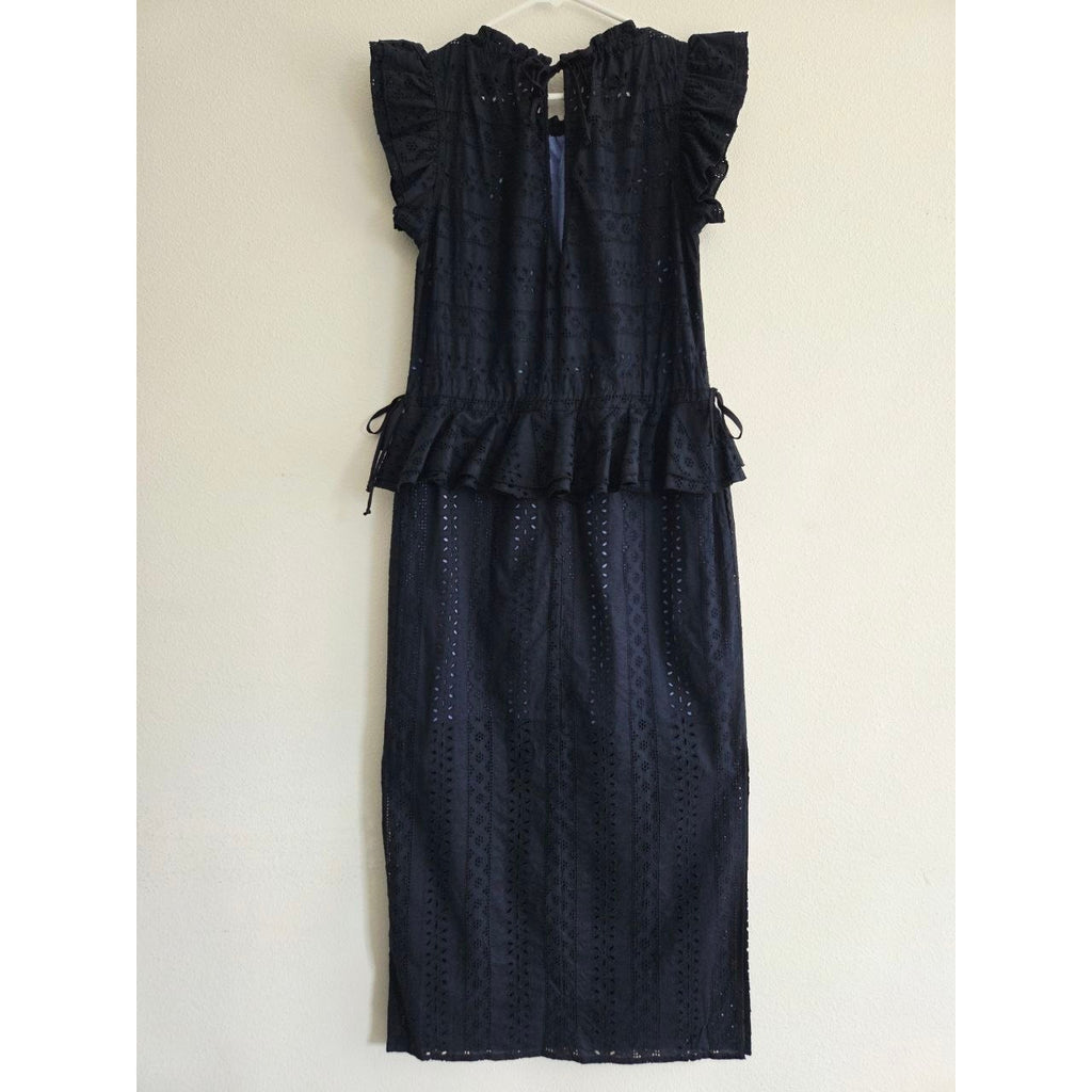 Katharine Kidd Flora Navy Eyelet Midi Dress XS Peplum Side Slit Pockets Made USA