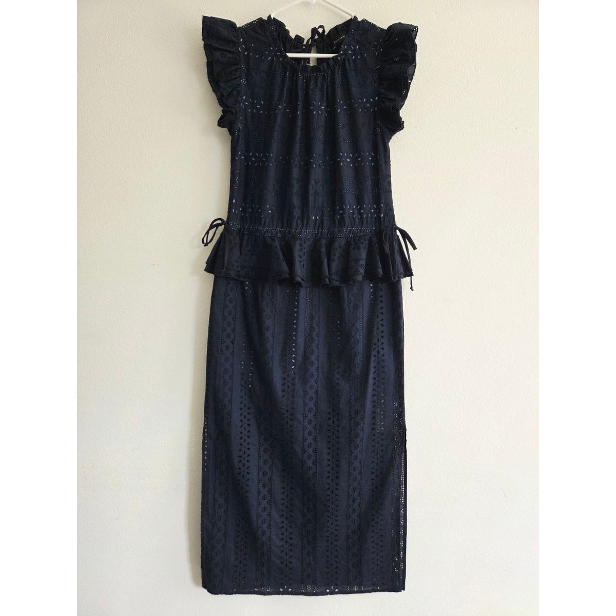 Katharine Kidd Flora Navy Eyelet Midi Dress XS Peplum Side Slit Pockets Made USA