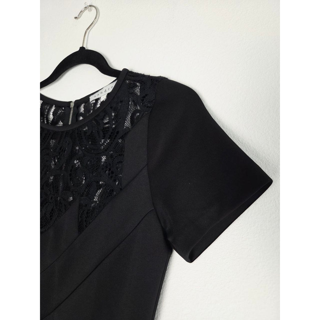 Sandro Black Mini Dress 4 Small Sheath Pencil Short Sleeves Lace Yoke LBD