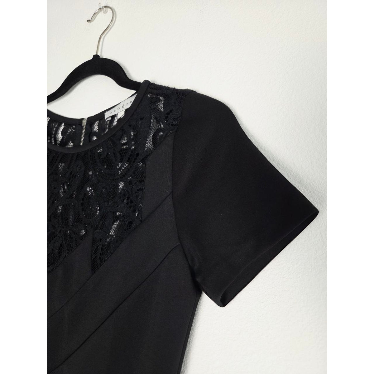 Sandro Black Mini Dress 4 Small Sheath Pencil Short Sleeves Lace Yoke LBD