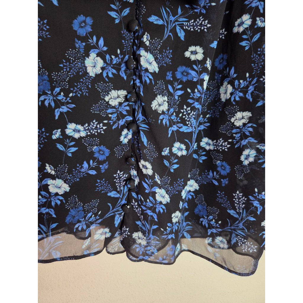 Kooples Floral Mini Dress Small 4 Blue Poppy Silk Look V Neck Wide Tie Waist