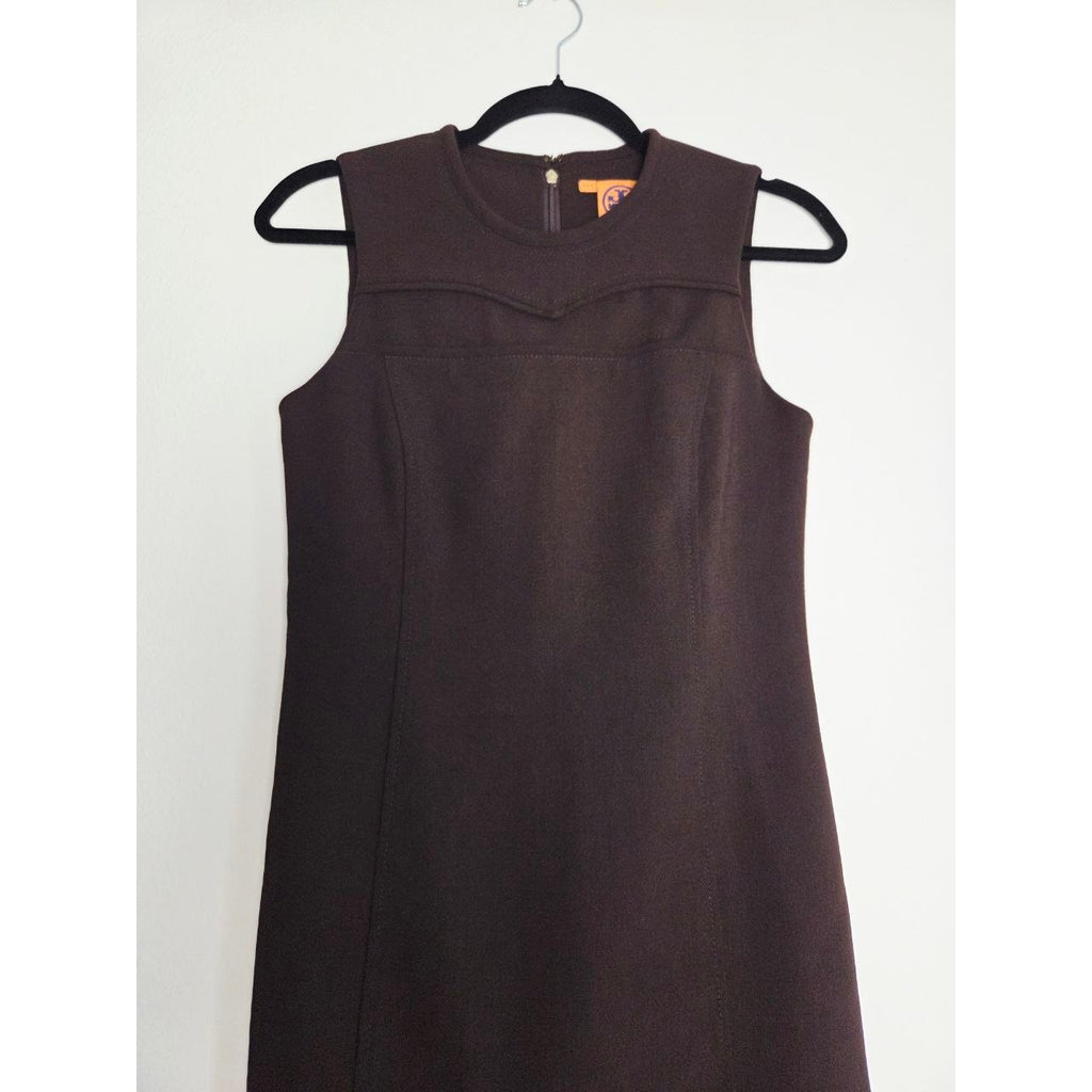 Tory Burch Wool Blend Sheath Dress 2 Small Dark Brown Sleeveless Knee Length