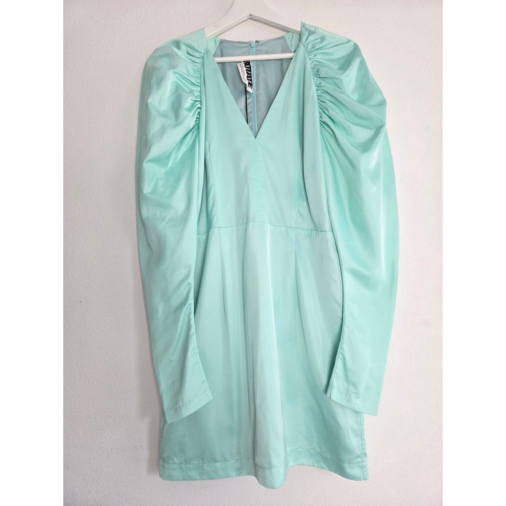 Front view of ROTATE Morning Mist aqua mini dress