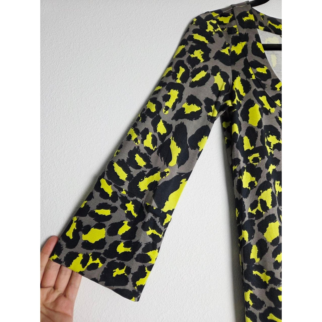 Diane von Furstenberg 100% Silk Dress 2 Yellow Leopard Laetitia 3/4 Sleeve