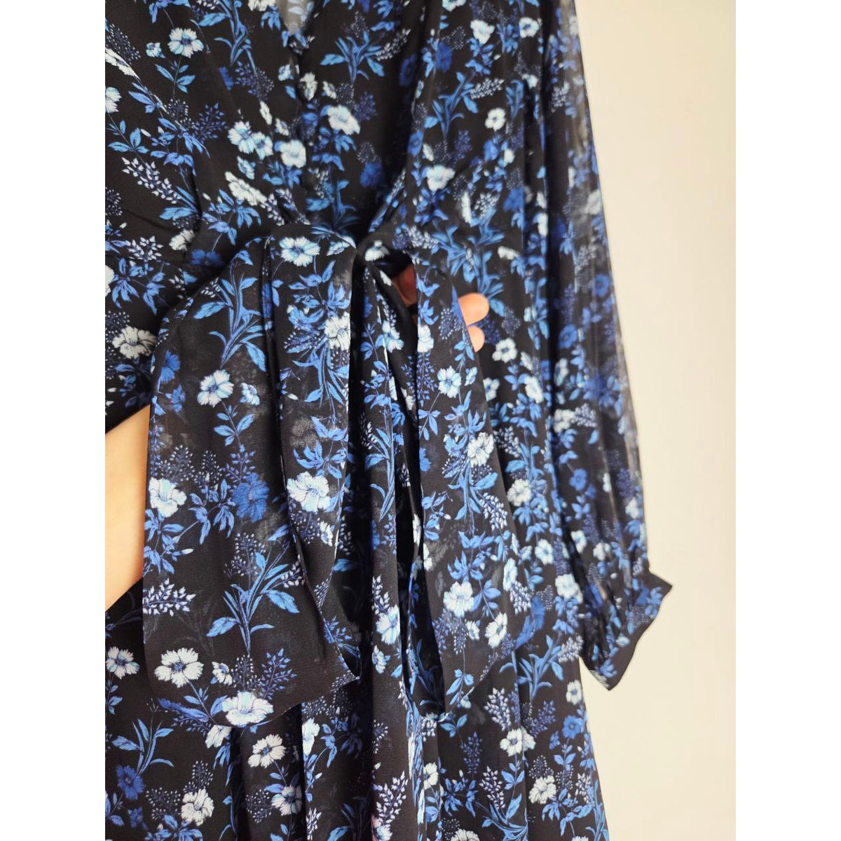 Kooples Floral Mini Dress Small 4 Blue Poppy Silk Look V Neck Wide Tie Waist