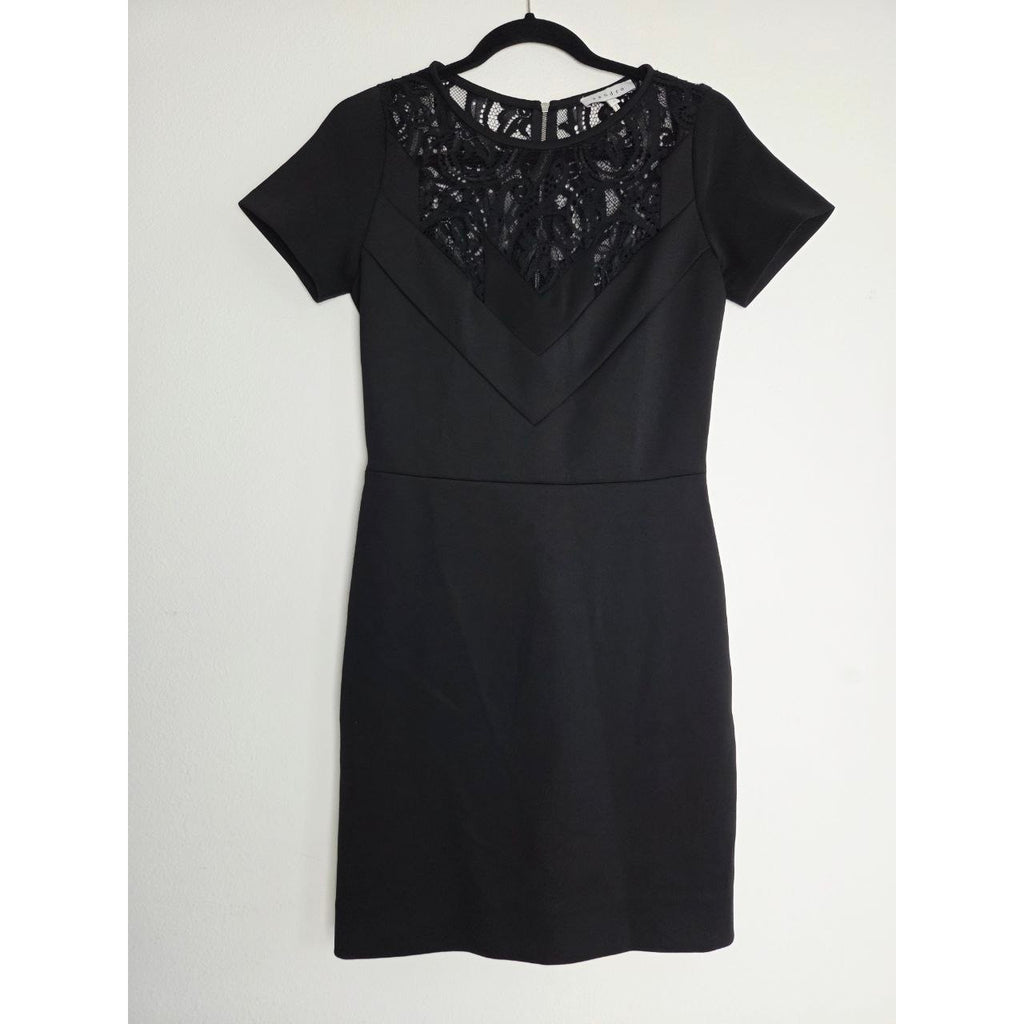 Sandro Black Mini Dress 4 Small Sheath Pencil Short Sleeves Lace Yoke LBD