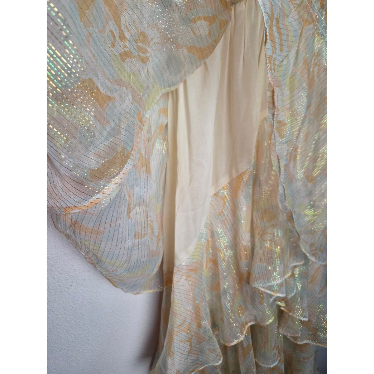 Inner skirt layers of Maje Rufflino metallic silk-blend maxi dress