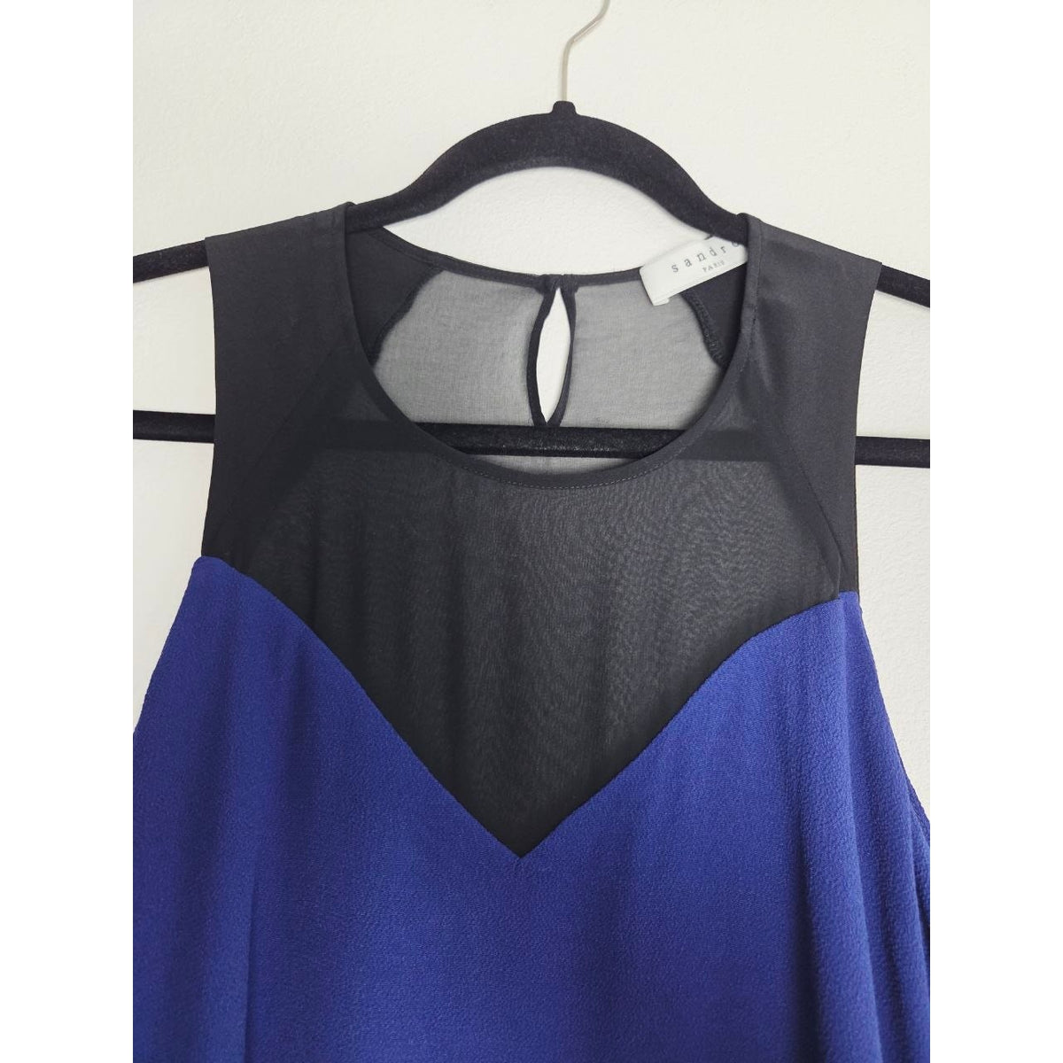 Sandro Paris Romy Dress 6 Medium Cobalt Blue Crepe Sheer Overlay Shift Layered