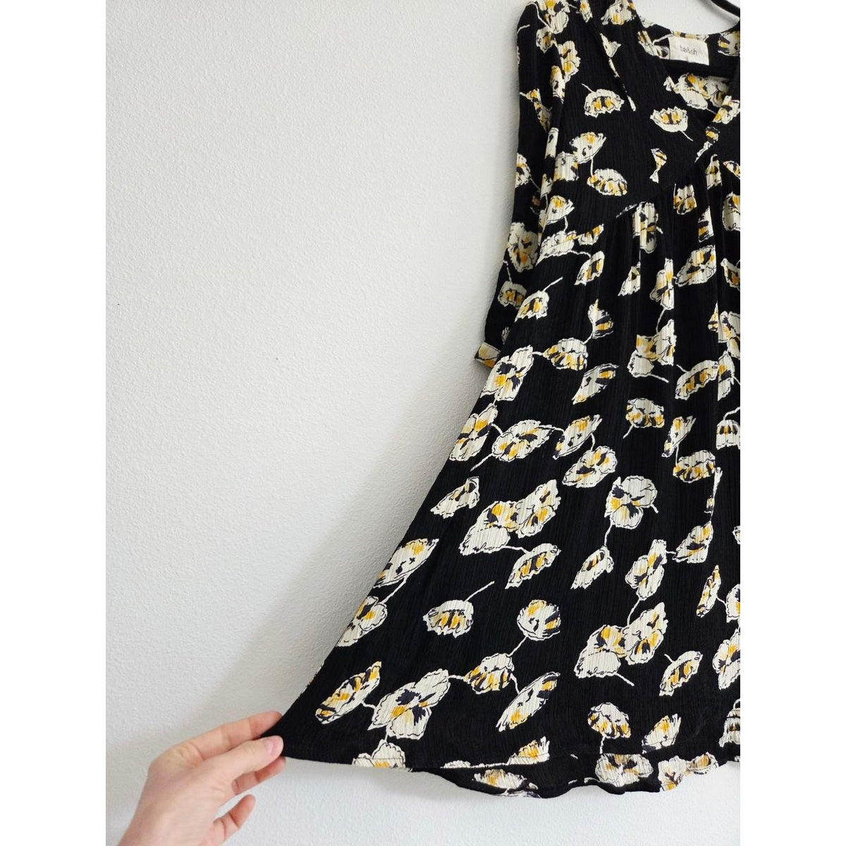 BA&SH Uta Floral Mini Dress 6 Medium Black Crinkled Babydoll Swing Boho