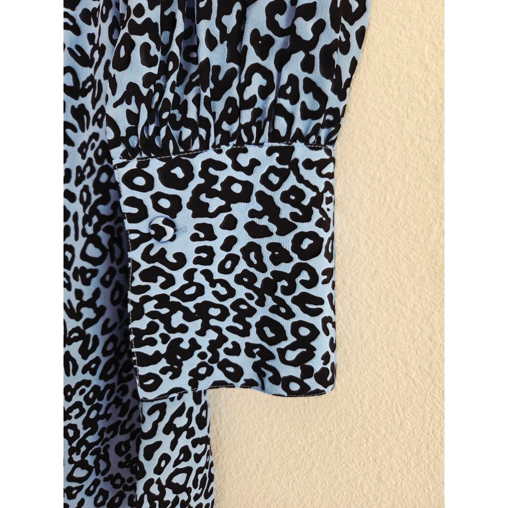 Les Reveries Silk Wrap Dress 2 Blue Leopard 100% Silk Mini Made in USA