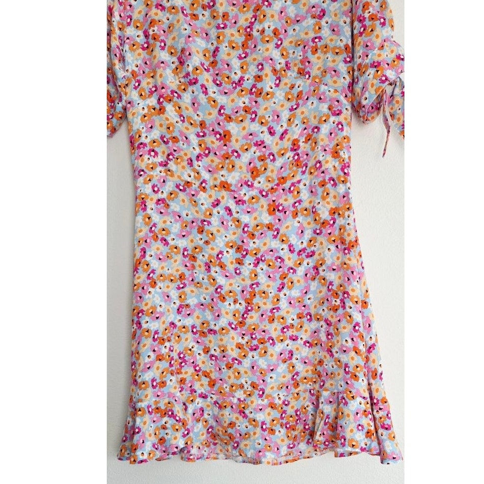 Faithfull The Brand Daphne Mini Dress XS 2 Turnesol Floral Tie Sleeve Ruffle Hem