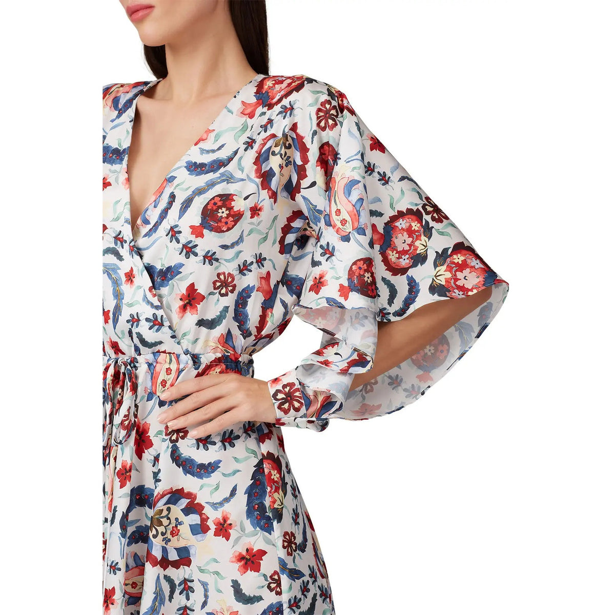 Sachin & Babi Multi Bloom Dress 2 Small Floral Pomegranate Print Faux Wrap Midi