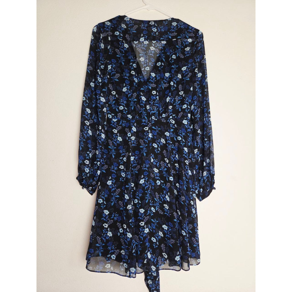 Kooples Floral Mini Dress Small 4 Blue Poppy Silk Look V Neck Wide Tie Waist
