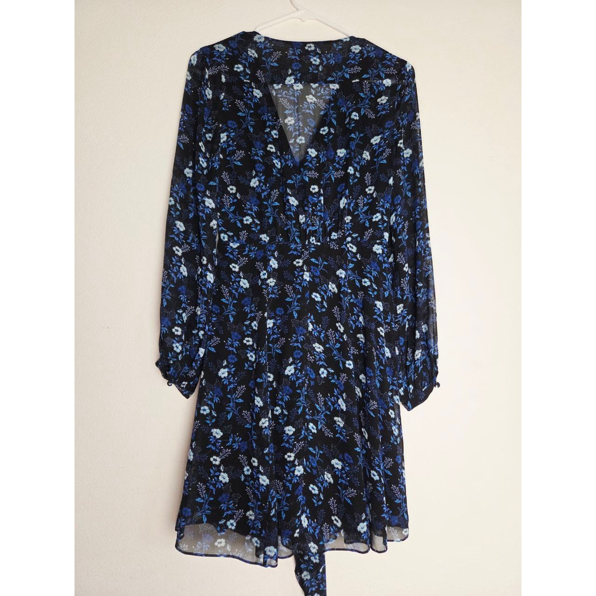 Kooples Floral Mini Dress Small 4 Blue Poppy Silk Look V Neck Wide Tie Waist