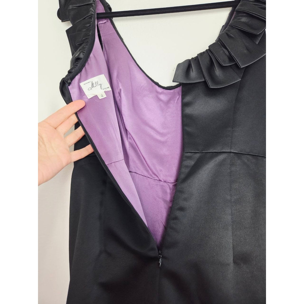 Milly Satin Cocktail Dress 2 XS Black Purple Ruffle Draped Sheath