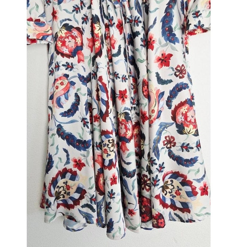 Sachin & Babi Multi Bloom Dress 2 Small Floral Pomegranate Print Faux Wrap Midi