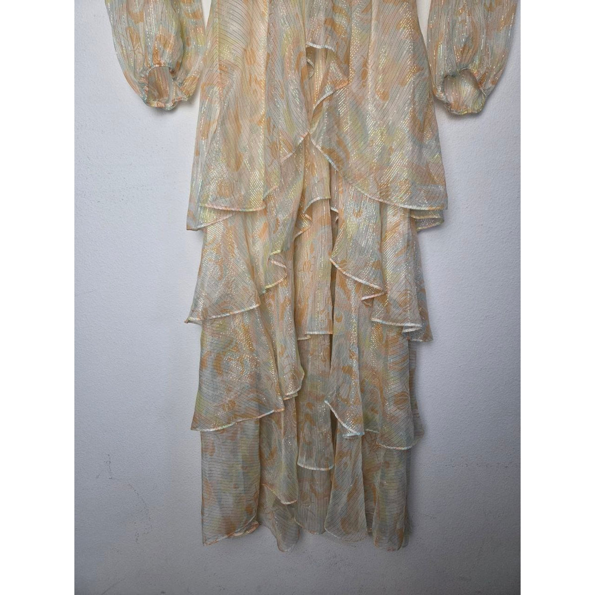 Tiered ruffle skirt of Maje Rufflino metallic silk-blend maxi dress