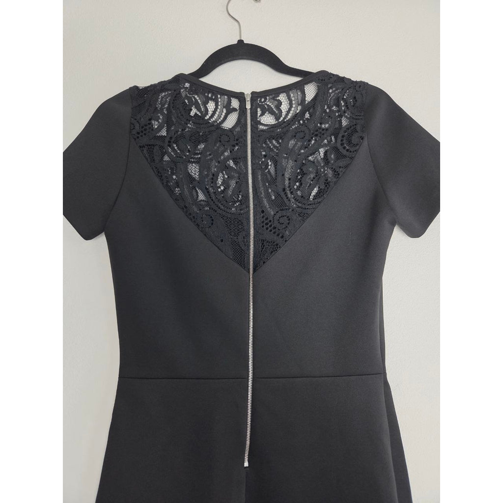 Sandro Black Mini Dress 4 Small Sheath Pencil Short Sleeves Lace Yoke LBD