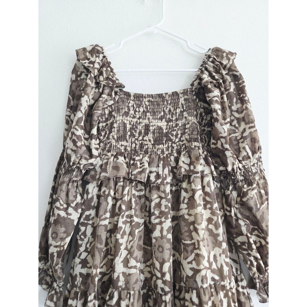 Square neckline and smocked bodice of Frances Hart Maxine floral maternity dress