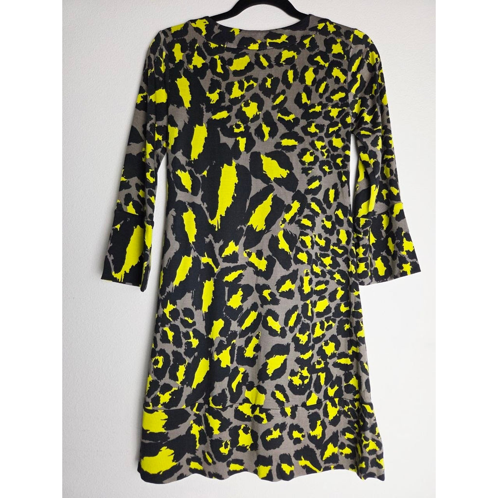 Diane von Furstenberg 100% Silk Dress 2 Yellow Leopard Laetitia 3/4 Sleeve
